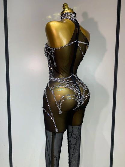 STOCK Sparkly Diamond Women Sexy Mesh Jumpsuit Nightclub Bar Party Show Gogo Dancer Clothing Drag Queen Outfit Stage Costume