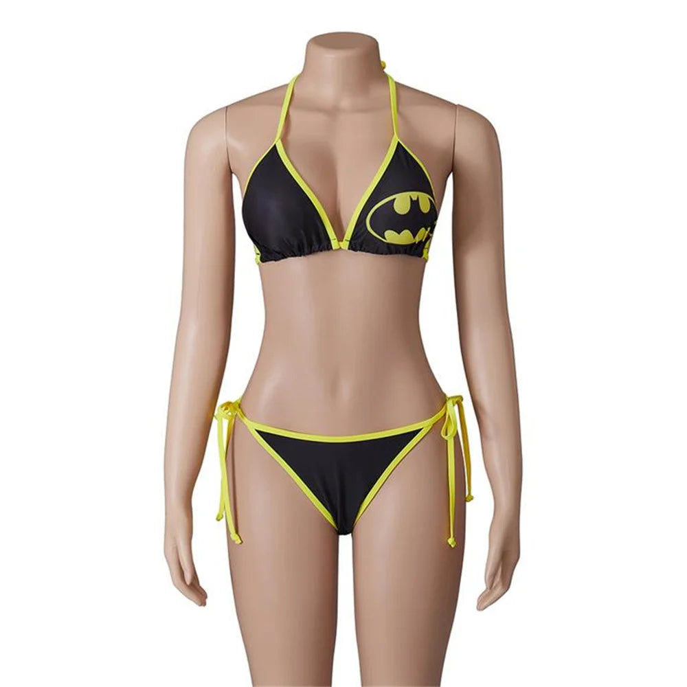 Stylish black bikini with Batman logo and spider web print bikini swimwear details