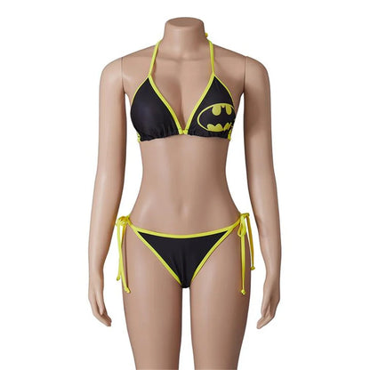 Stylish black bikini with Batman logo and spider web print bikini swimwear details