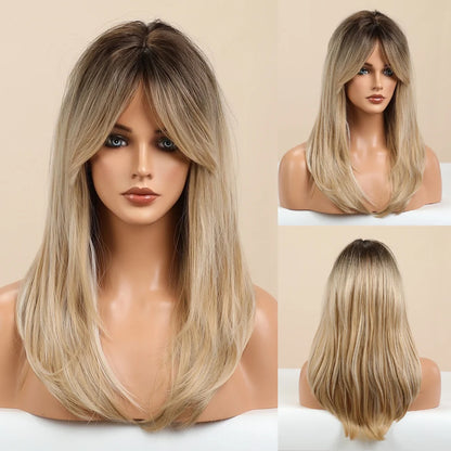 Element Medium Length Synthetic Straight Natural Brown Wigs with Side Bangs Heat Resistant Party Wigs for White/Black Women