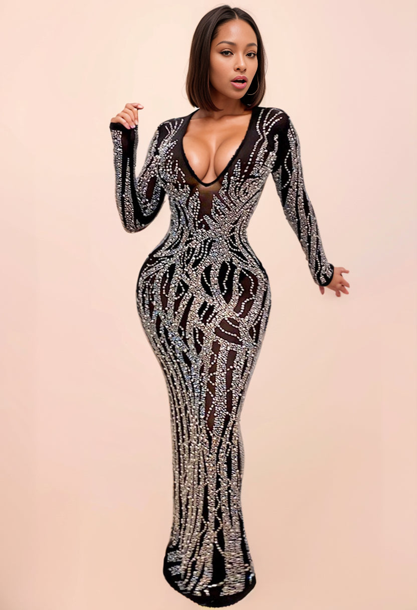 Women's Mid Slit Rhinestone Sheer Mesh Dress
