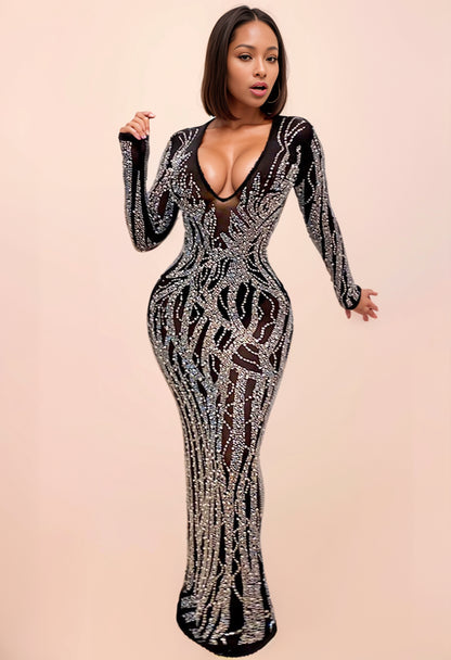 Women's Mid Slit Rhinestone Sheer Mesh Dress