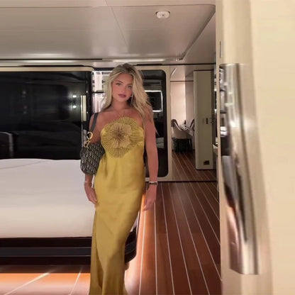 Elegant Party Women's Dress 3D Flower Halter Sleeveless Backless Mermaid Satin Female Dresses 2025 Summer Chic Evening Lady Robe