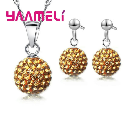 925 Sterling Silver Stamped Bridal Jewelry Sets Women Girls Wedding Gifts Austrian Crystal CZ Disco Ball Necklace Hoop Earrings