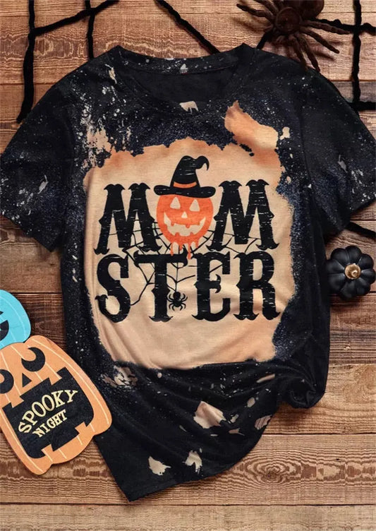 Women Halloween Momster Pumpkin Face Bleached T-Shirt Tee Autumn Fall Cartoon Thanksgiving Tops Regular Tees Graphic Clothes