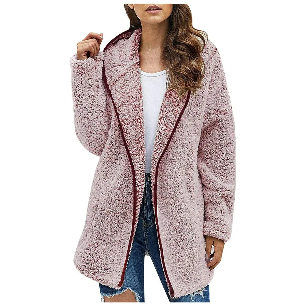Autumn and Winter New Casual Solid Colour Lapel Hooded Long-sleeved Plush Sweater Fleece Jacket