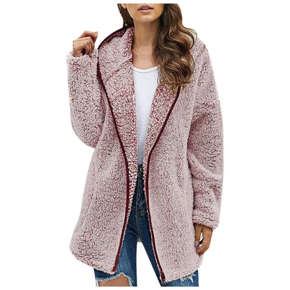 Autumn and Winter New Casual Solid Colour Lapel Hooded Long-sleeved Plush Sweater Fleece Jacket