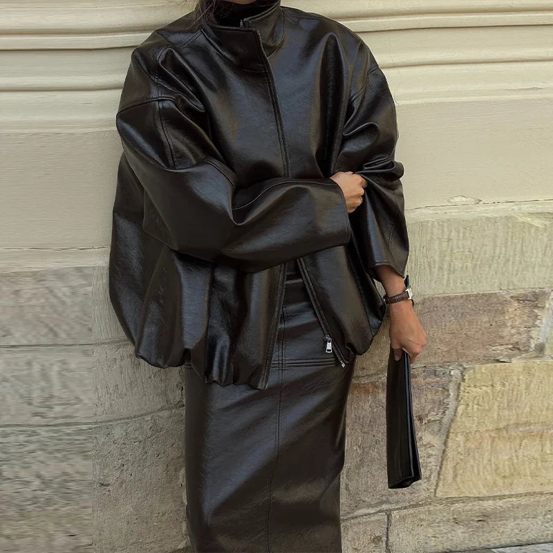 Vintage Solid Pu Leather Jacket Skirt Set High Neck Coat Slim Fit Long Skirt Coats Skirt Sets 2025 New Autumn Winter Lady Outfit