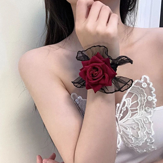 Lolita Short Hand Sleeve Gloves Lace Rose Flower Wrist Cuffs Ruffled Floral Elastic Bracelet Women Cosplay Clothing Wristband