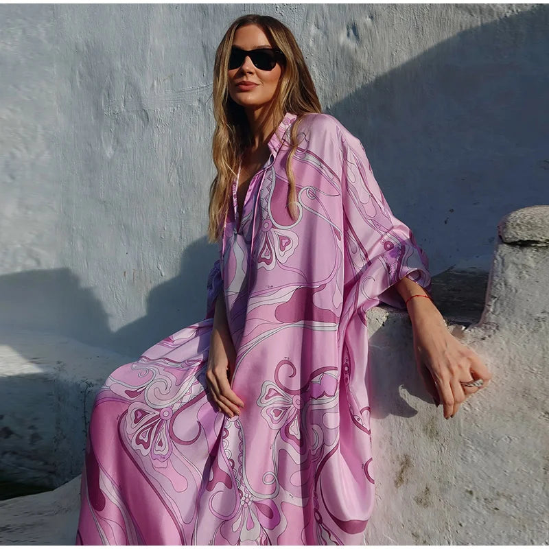 Geometric Print Cape Women's Set Loose Batwing Sleeve Top Flowy Maxi Skirt 2025 Summer Elegant Suit Holiday Fashion Lady Sets