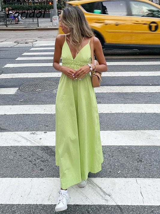 Foridol Elastic Smocking Green Cotton V Neck Summer Women's Dress Sleevless Long Green Maxi Casual Strapy Dress Solid Female