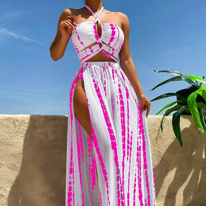 3 Pieces Swimsuit Women Tie Dye Print Swimwear Sexy Halter Bandage Bikini Set&Side Split Dress Cover-Up Beachwear Bathing Suits