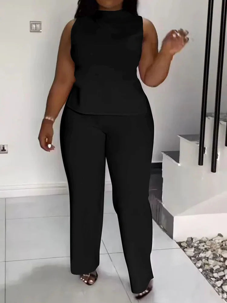 Solid Casual Tracksuit Women 2 Pieces Outfits Summer Sleeveless Side Split Top and Wide Leg Pants Sporty Fitness Matching Sets