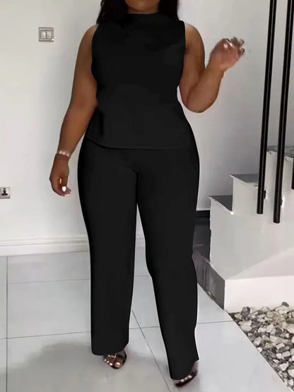 Solid Casual Tracksuit Women 2 Pieces Outfits Summer Sleeveless Side Split Top and Wide Leg Pants Sporty Fitness Matching Sets