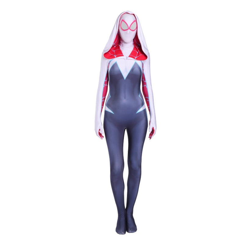 Gwen Stacy cosplay costume for women featuring a stylish hood and dynamic spider-web design