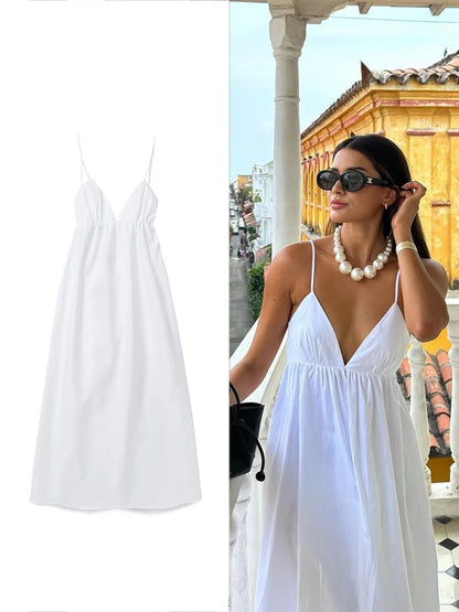 TRAFZA Women's White Elegant Halter Dress Pure V Neck Sexy Backless Spaghetti Strap Long Beach Holiday Casual Party Dresses