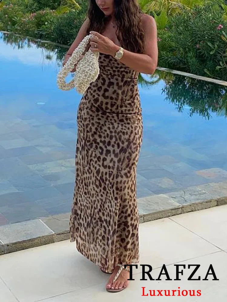 TRAFZA Vintage Leopard Print Chiffon Sexy Cami Dress Women V Neck Sleeveless Party Dress Fashion 2024 Summer Streetwear Dress