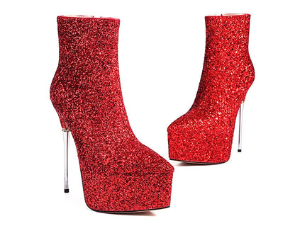 2025 New Autumn Winter Shiny Stiletto Ankle Boots Woman High Heels Glitter Bling Short Boots Women Platform Pointed Toe Shoes