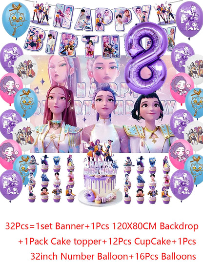 Demon Hunters Party Cutlery Set Banner Backdrop Balloons Cake Topper Outdoor Picnic Supply Birthday for Korean Kpop Anime Party