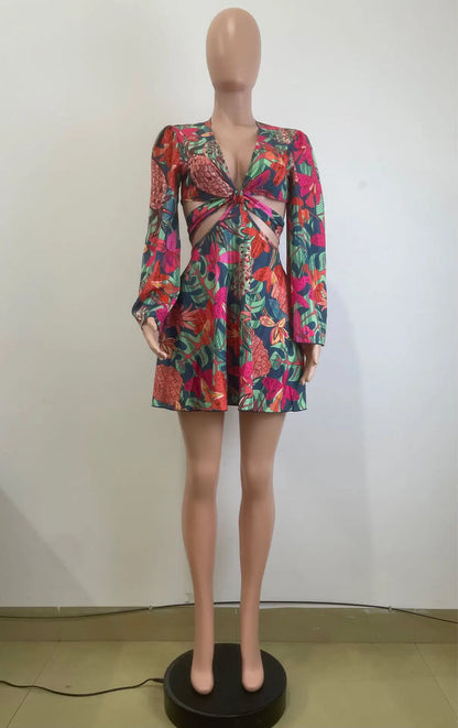 Two Piece Sets Women Skirt Set Print Floral Matching Sets V Neck Flare Sleeve Top Short Skirts Dress Sets Lace Up High Waist