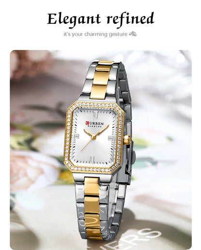 CURREN Luxurious Elegant Women's Watches Classic Rectangular Dial with Rhinestones Luminous Hands Waterproof