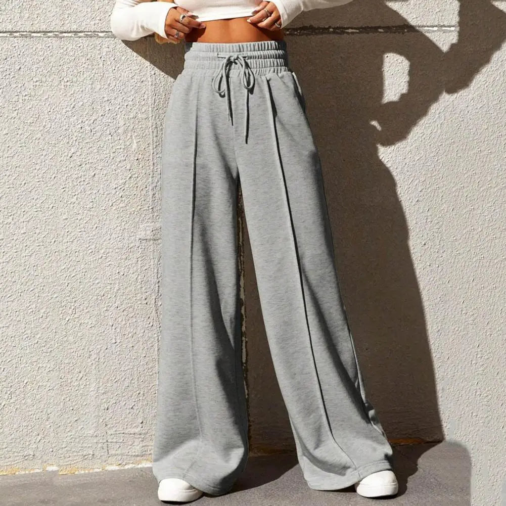 Spring And Summer Ladies' Fashion Solid Colour Drawstring High Waist Wide Leg Pants Daily Wide Leg Comfortable Thin Sweatpants
