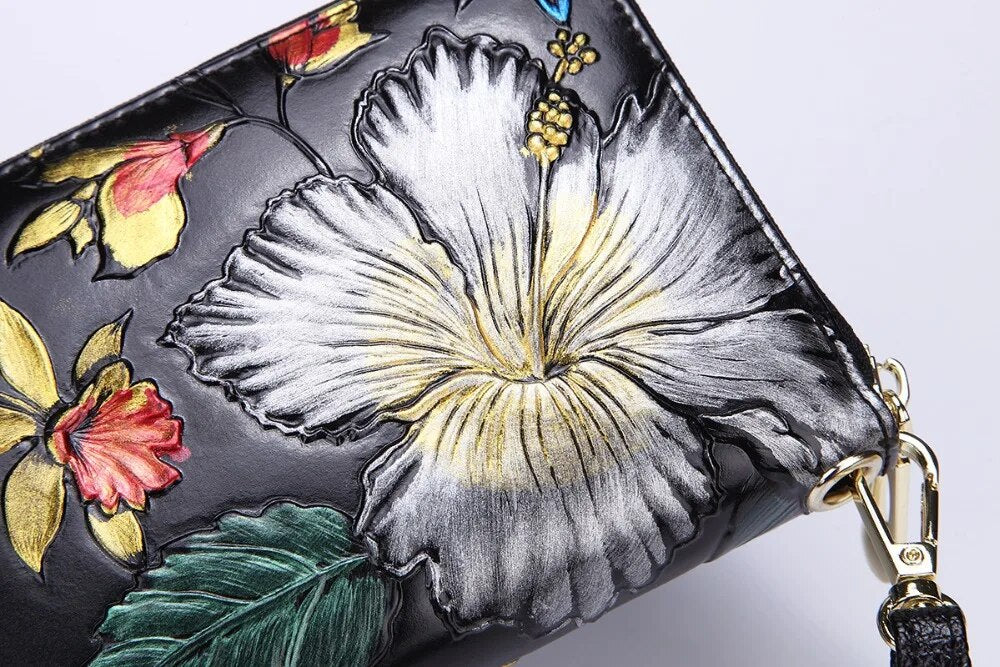 Women Genuine Leather Long Purse Wrist Clutch Bags Cowhide Floral Pattern Retro Coin Cash ID Card Holder Money Handy Bag Wallet