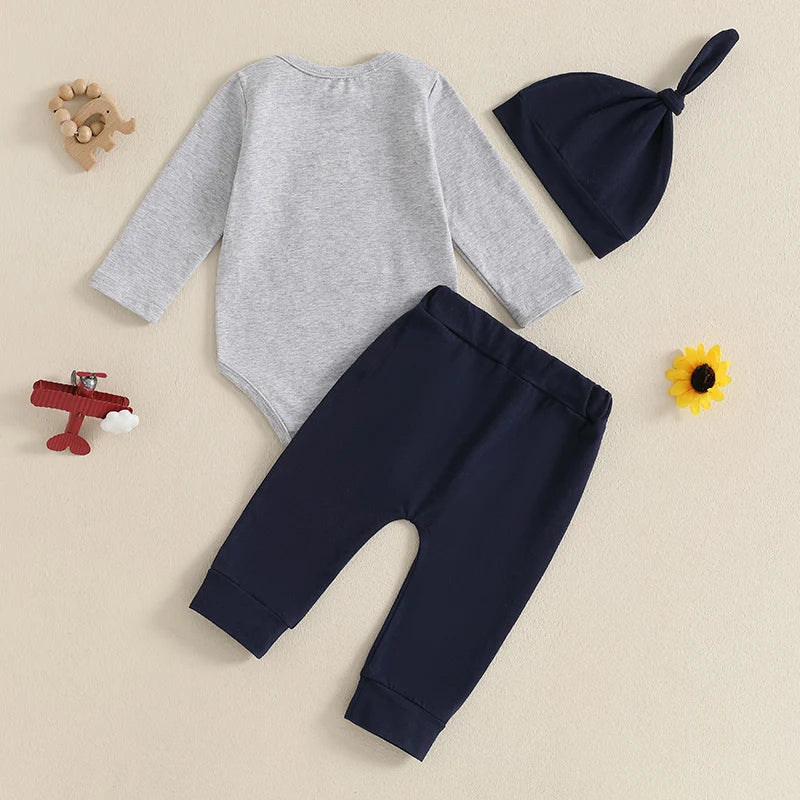 EtherealBe toddler boys tractor outfit set with gray long sleeve bodysuit, navy pants, and matching hat