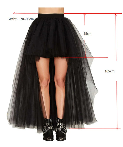 MisShow Gothic Women Hi-Lo Long Tulle Tutu Punk Skirt Elastic Waist High Low Mesh Net Halloween Cosplay Costume Maxi Skirts