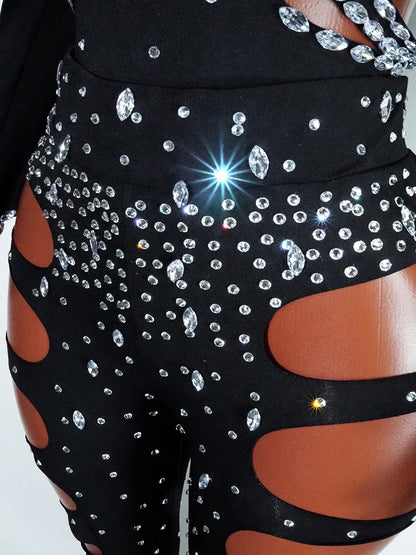 rhinestHollow Out Sexy Black Women Bodysuit pants Sets Long Sleeve Turtleneck Bodysuits Clubwear Costumes Stars Hot Singer Stage