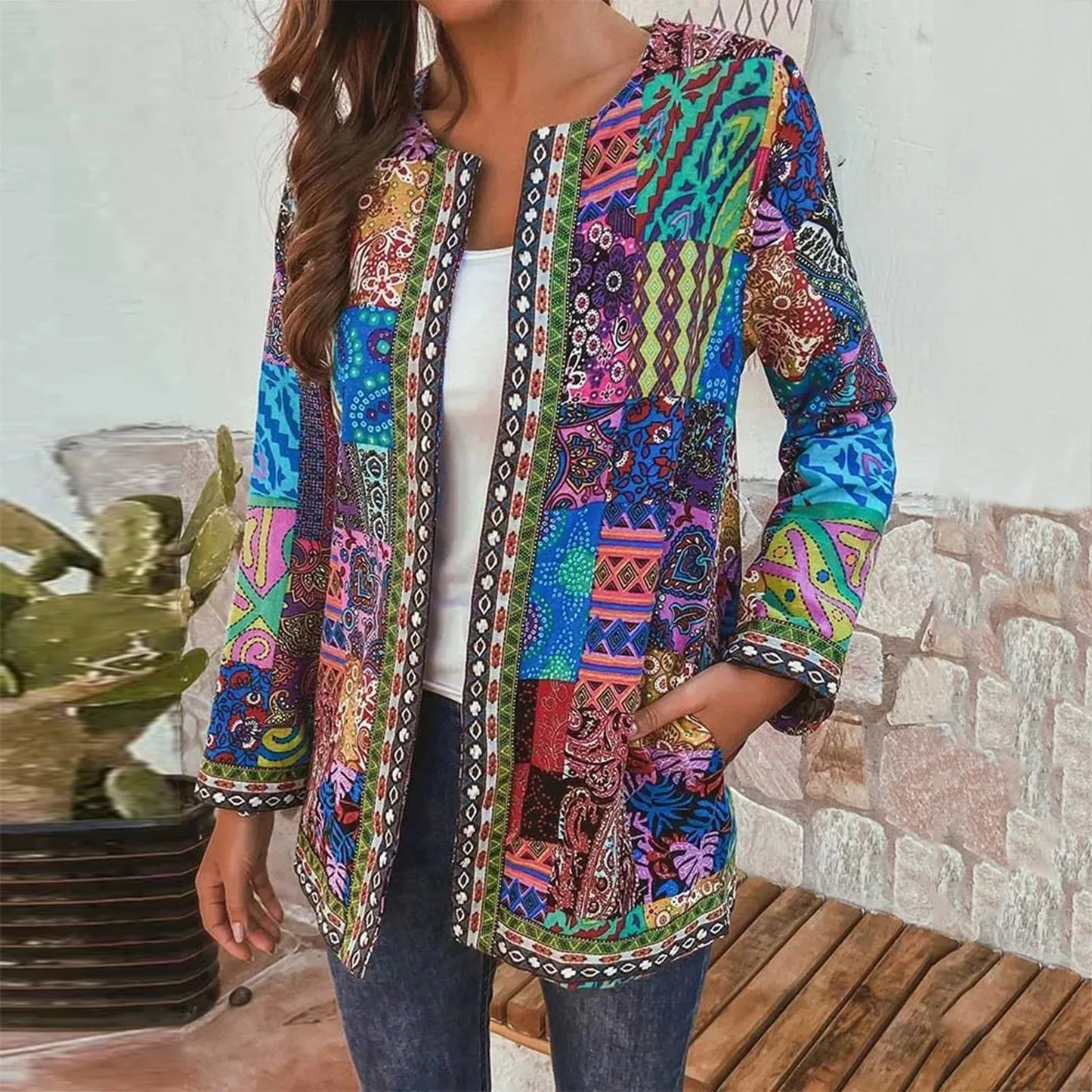 Autumn Winter Fashion Colorful Boho Floral Print Open Front Cardigan Casual Loose Long Sleeve Lightweight Jacket With Pockets