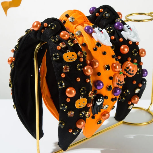 Colorful Halloween headbands for women decorated with ghosts, pumpkins, and vibrant beads