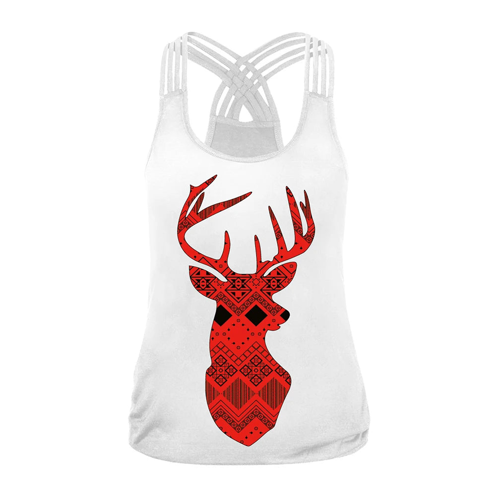 EtherealBe Halloween graphic workout tank tops for women featuring a red patterned deer design