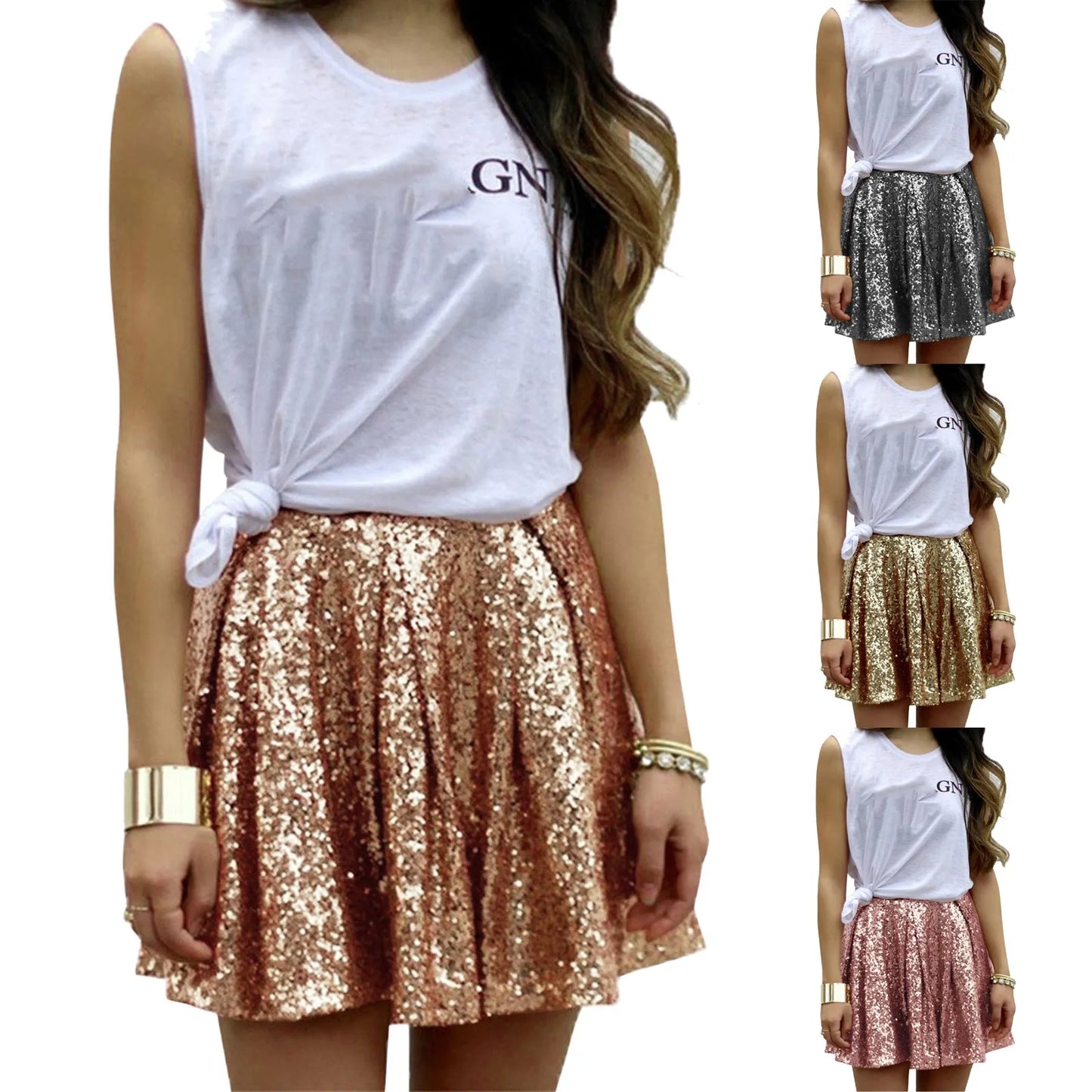 Women's Fashion High Waist Pleated Solid Color Short Skirt Sexy Holiday Cosplay Pink Sequin Skirt Elegant Party Wear Mini Skirts