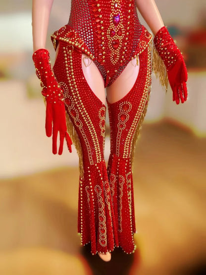 Women Sparkly Rhinestone Red Bodysuit 4Pieces Set Nightclub Party Stage Show Outfit Cabaret Carnival Showgirl Sexy Wear Hongding