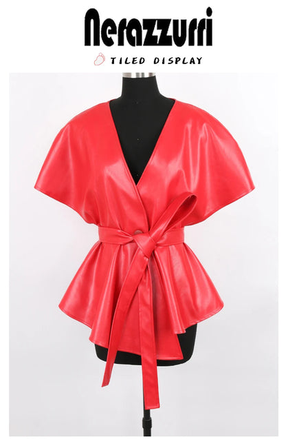 Nerazzurri Spring Short Red Faux Leather Vest Women Belt Runway Fashion Elegant Luxury Designer Clothes Sleeveless Jacket 2022