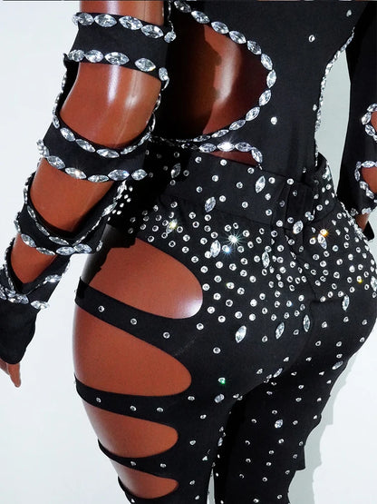 rhinestHollow Out Sexy Black Women Bodysuit pants Sets Long Sleeve Turtleneck Bodysuits Clubwear Costumes Stars Hot Singer Stage