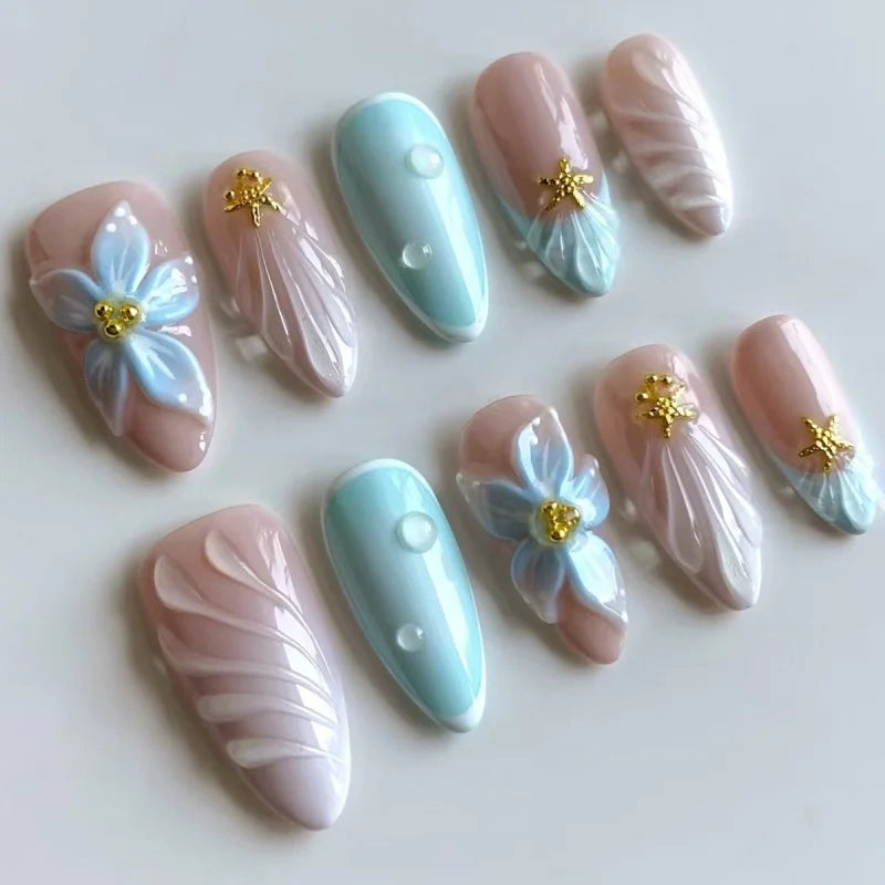 24Pcs 3D Green Ripple Design False Nails Cat's Eye French Almond Fake Nail Tips Leaves Pattern Removable Oval Press on Nails