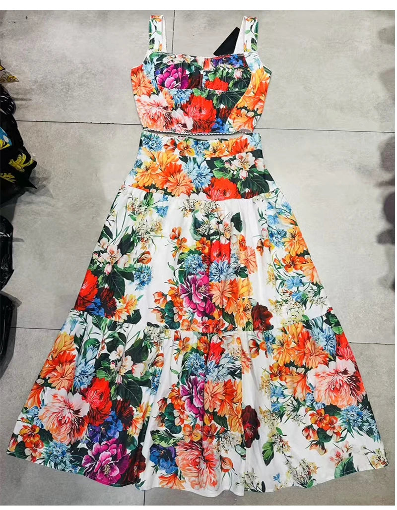 Elegant flower print sexy short tube top suspender top high waist big swing A-shaped skirt summer new two-piece women's suit