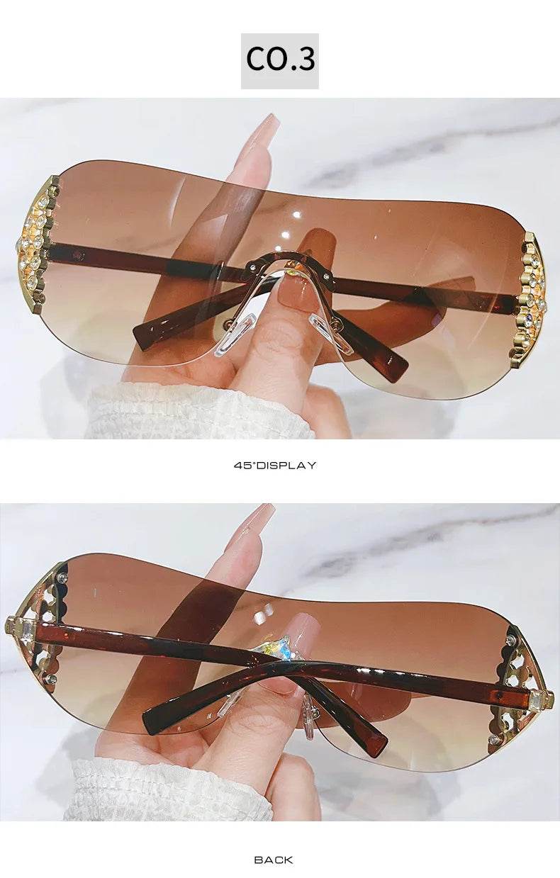 Luxury One-Piece Rimless Sunglasses Oversized Diamond Brand Designer Sun Glasses for Women Steampunk Eyewear UV400 Oculos De Sol