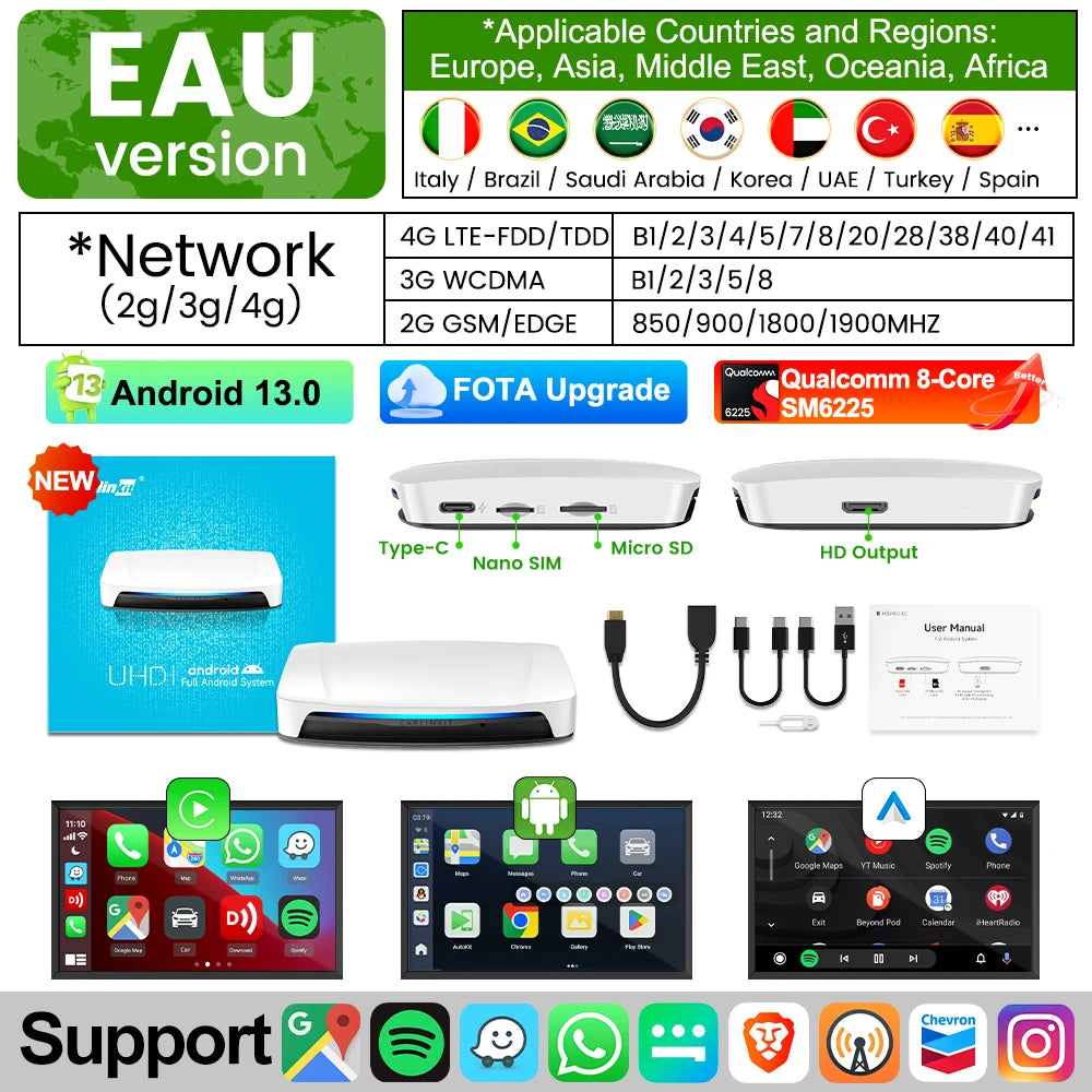 HDMI CarlinKit 8G+128G CarPlay Ai Box Android 13.0 Wireless Android Auto&CarPlay SM6225 Qualcomm 8-Core For Netflix Smart TV Box