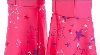 Close up of bright pink star print boot covers from pink cowgirl cosplay set for kids showing glossy fabric detail