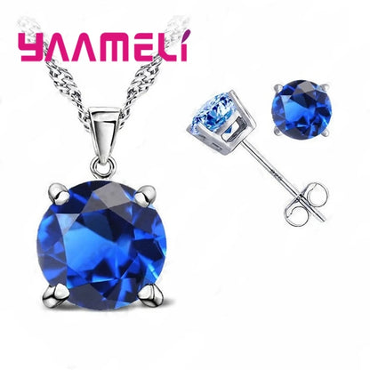 Fast Shipping 925 Serling Silver Color Shiny Cubic Zirconia Necklace Pendant Earrings Women Big Round Crystal Jewelry Sets