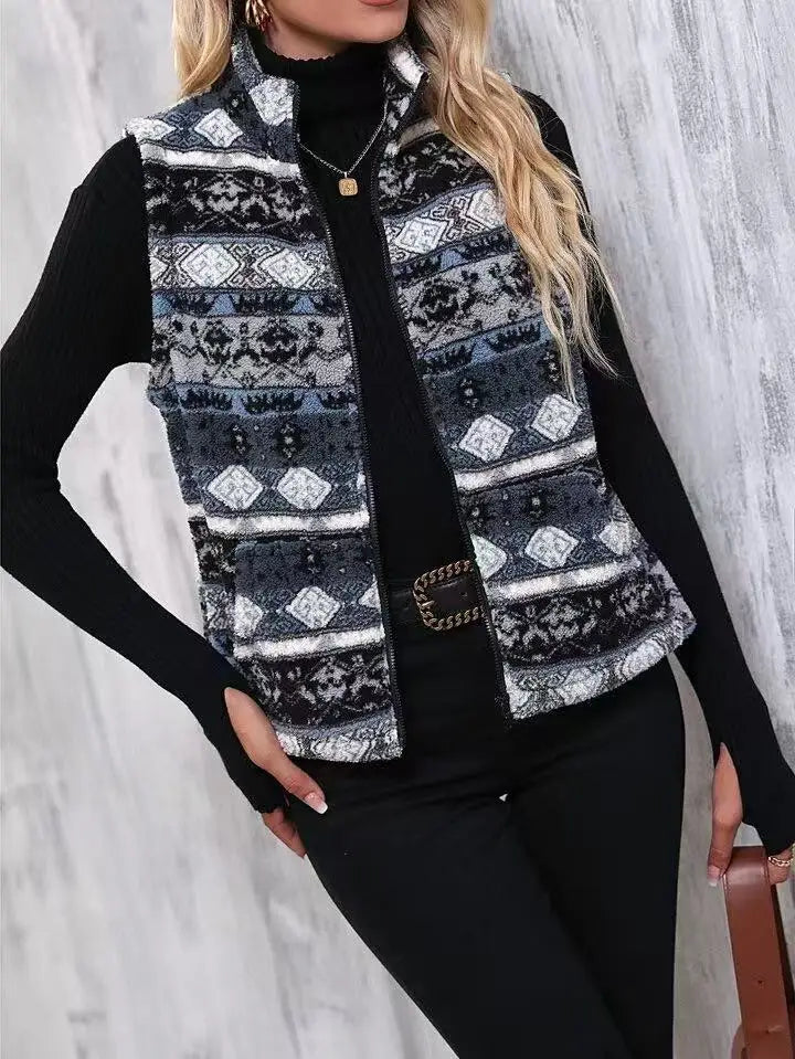 VigoCasey 2025 Casual Print Zipper Thick Vest Coat Woman Sleeveless Warm Plush Waistcoat Lady Autumn Winter Short Vest Jacket