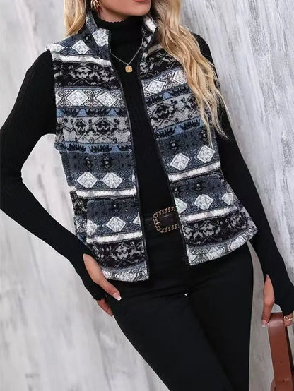 VigoCasey 2025 Casual Print Zipper Thick Vest Coat Woman Sleeveless Warm Plush Waistcoat Lady Autumn Winter Short Vest Jacket