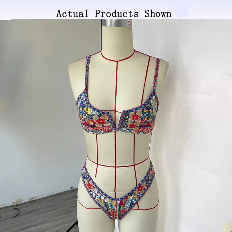 BEACHCICI Women's Bikini Two Piece Sexy Vintage Printed High Waist V Neck Suspender Beach Vacation Swimsuit