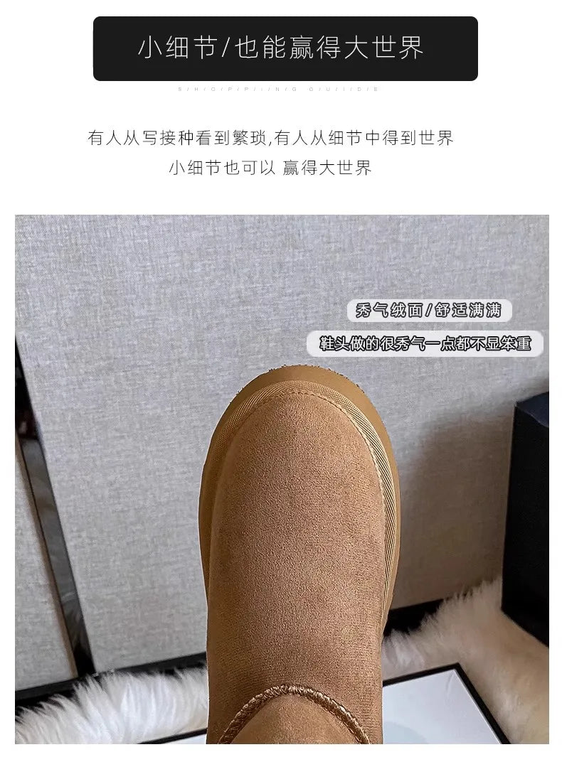 Turned-over Edge Knee-high Snow Boots Flat with Slip-on Ladies Shoes 2024 High Quality Round Toe Mid Heel Concise Women's Boots