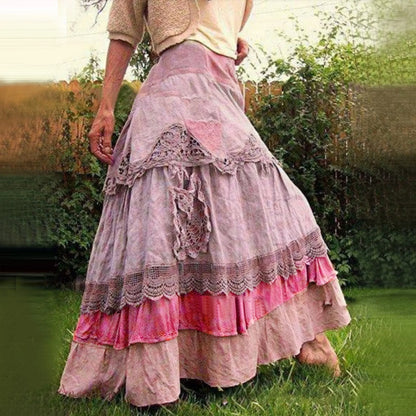 Long Maxi Skirts For Women 2024 Summer Boho Tiered Long Lace Skirt Maxi Net Flared Elegant Button Plus Size Cotton Skirt New