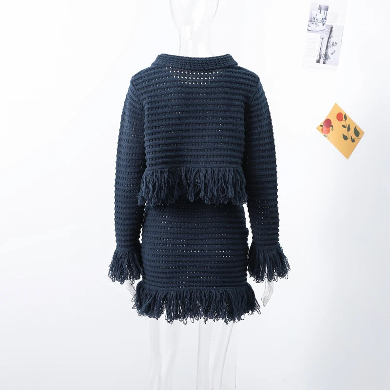 Sexy Knitted Tassel Top Skirt Women Set Dark Blue Long Sleeve Lapel Button Tops Pleated Mini Skirts 2025 Fashion Solid Lady Suit