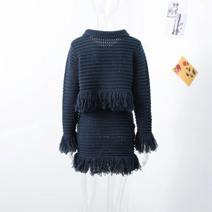 Sexy Knitted Tassel Top Skirt Women Set Dark Blue Long Sleeve Lapel Button Tops Pleated Mini Skirts 2025 Fashion Solid Lady Suit